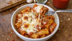 Pasta al forno alla pizzaiola: rigatoni al pomodoro e origano con mozzarella filante